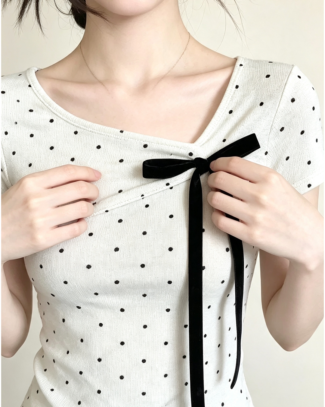Women Polka Dot Bow Short Sleeve Top