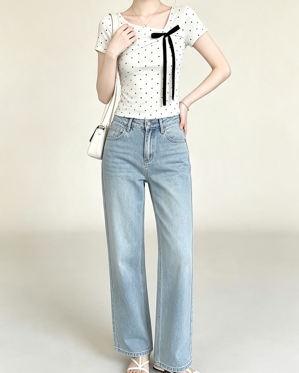 Women Polka Dot Bow Short Sleeve Top