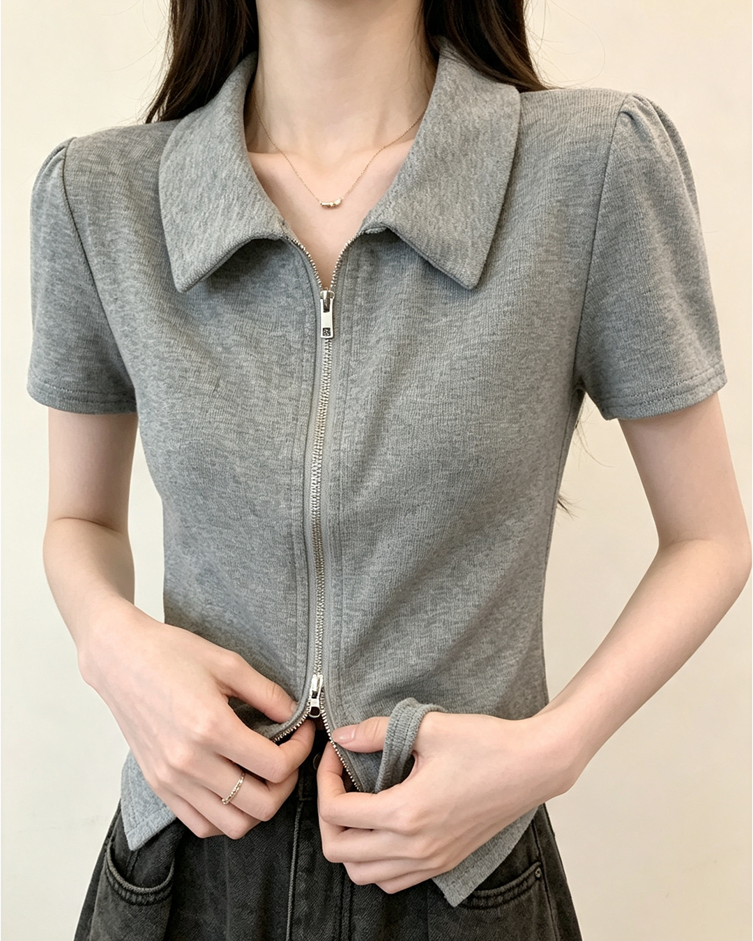 Women Zip Up Polo Short Sleeve Cropped Top