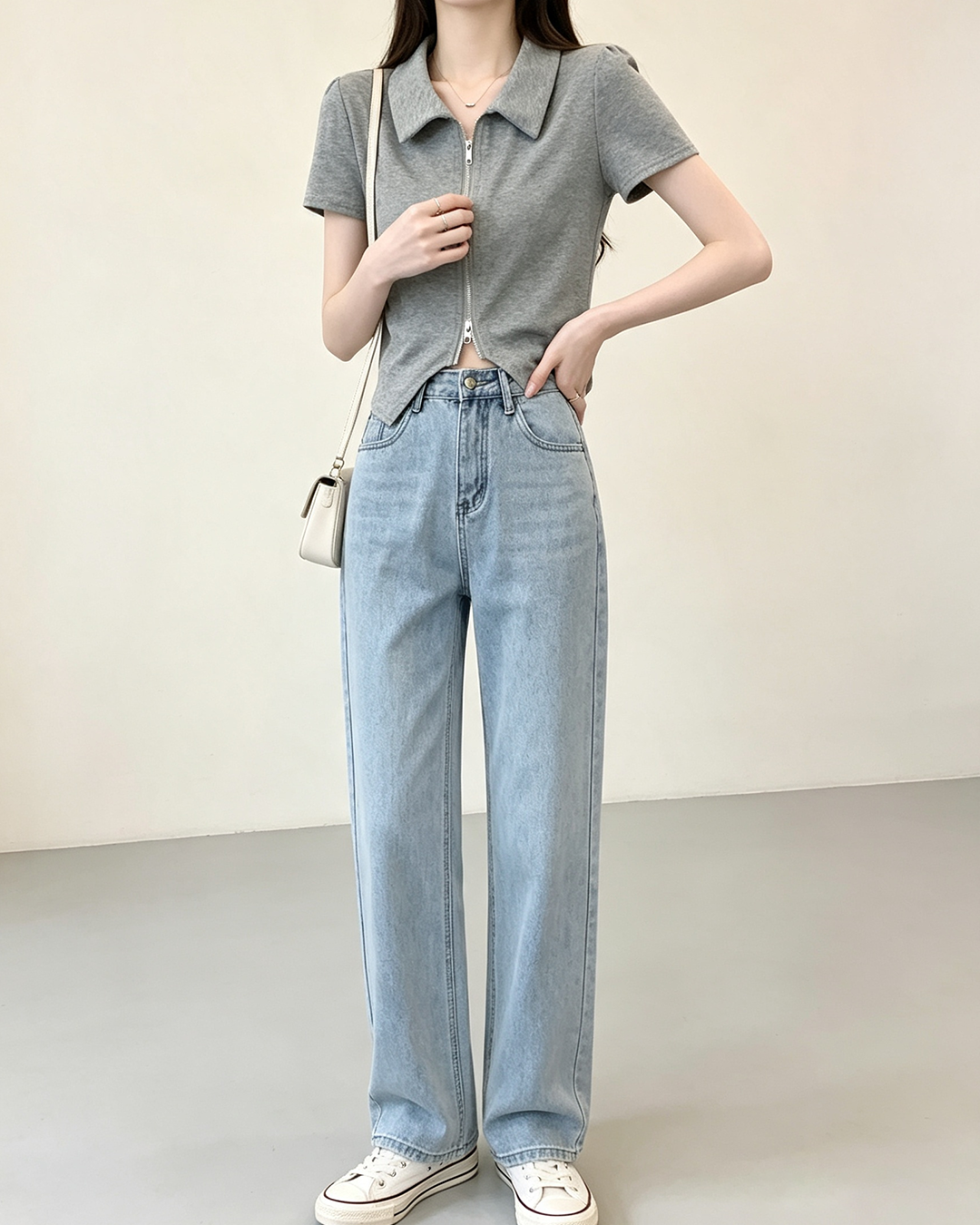 Women Zip Up Polo Short Sleeve Cropped Top